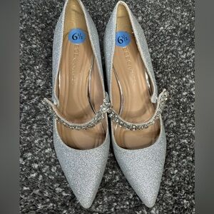 BCBGeneration Silver Glitter Heels with Rhinestone Strap